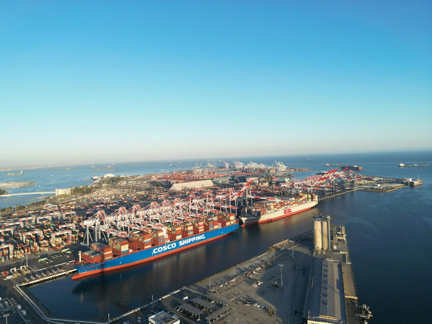 Aerial view of a container vessel at a maritime cargo terminal